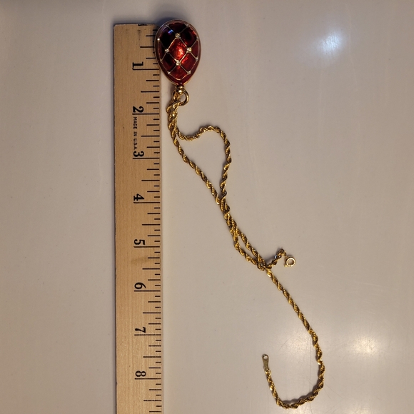 Egg Pendant Red & Gold Enameled Trellis  With Crystals On Gold-tone Rope Chain - Picture 9 of 16